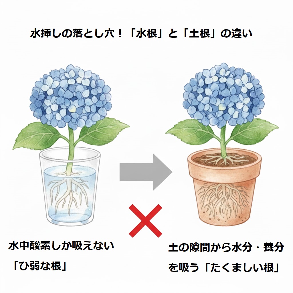 水栽培で出た太い水根と、土挿しで出た細かい土根のイラスト比較。水根は土への植え替えで枯れやすいことを図解。