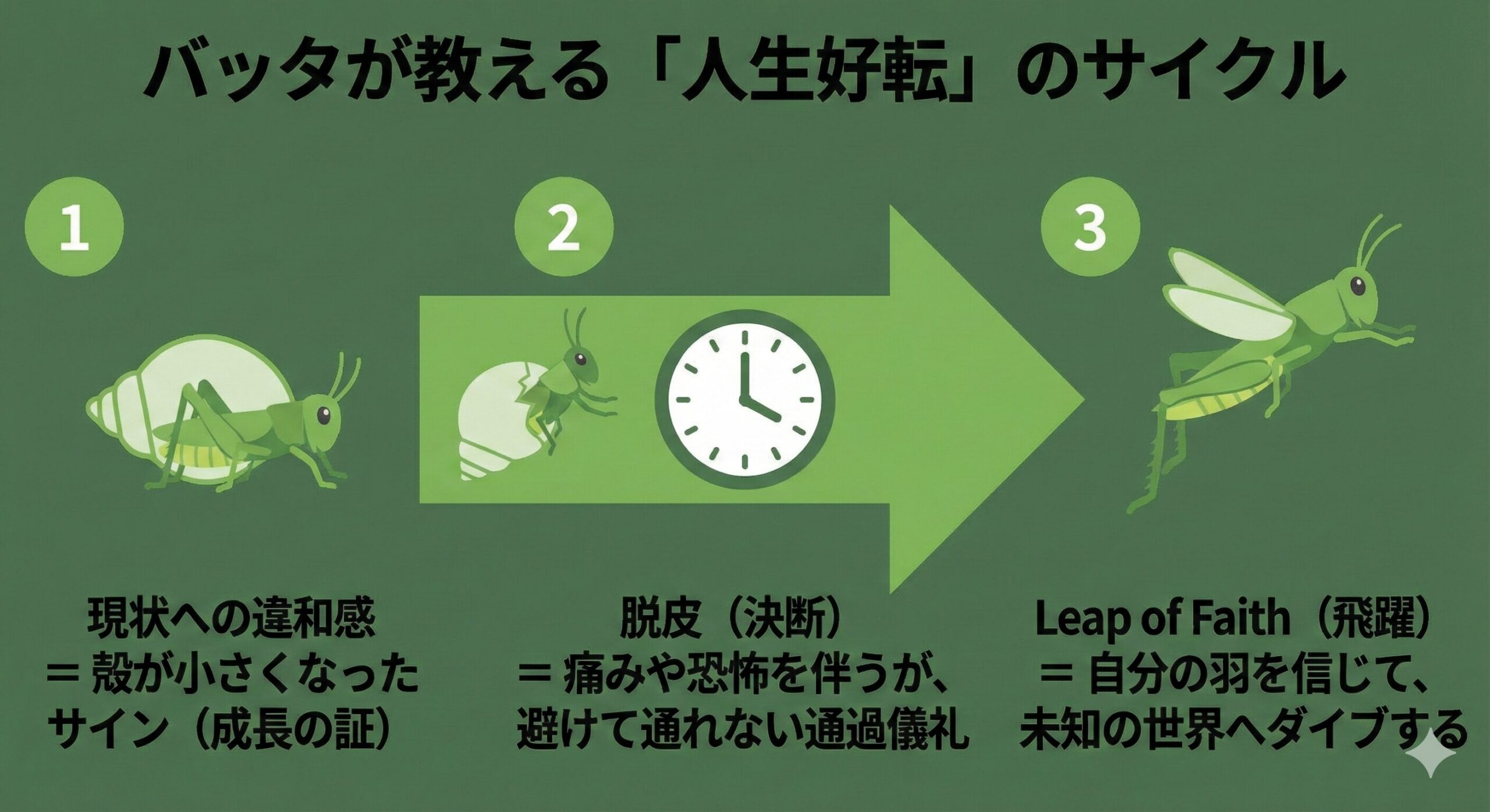 バッタの成長過程（幼虫、脱皮、成虫のジャンプ）を描いたイラスト。人生の転機における違和感、決断、飛躍の各ステージを説明している。