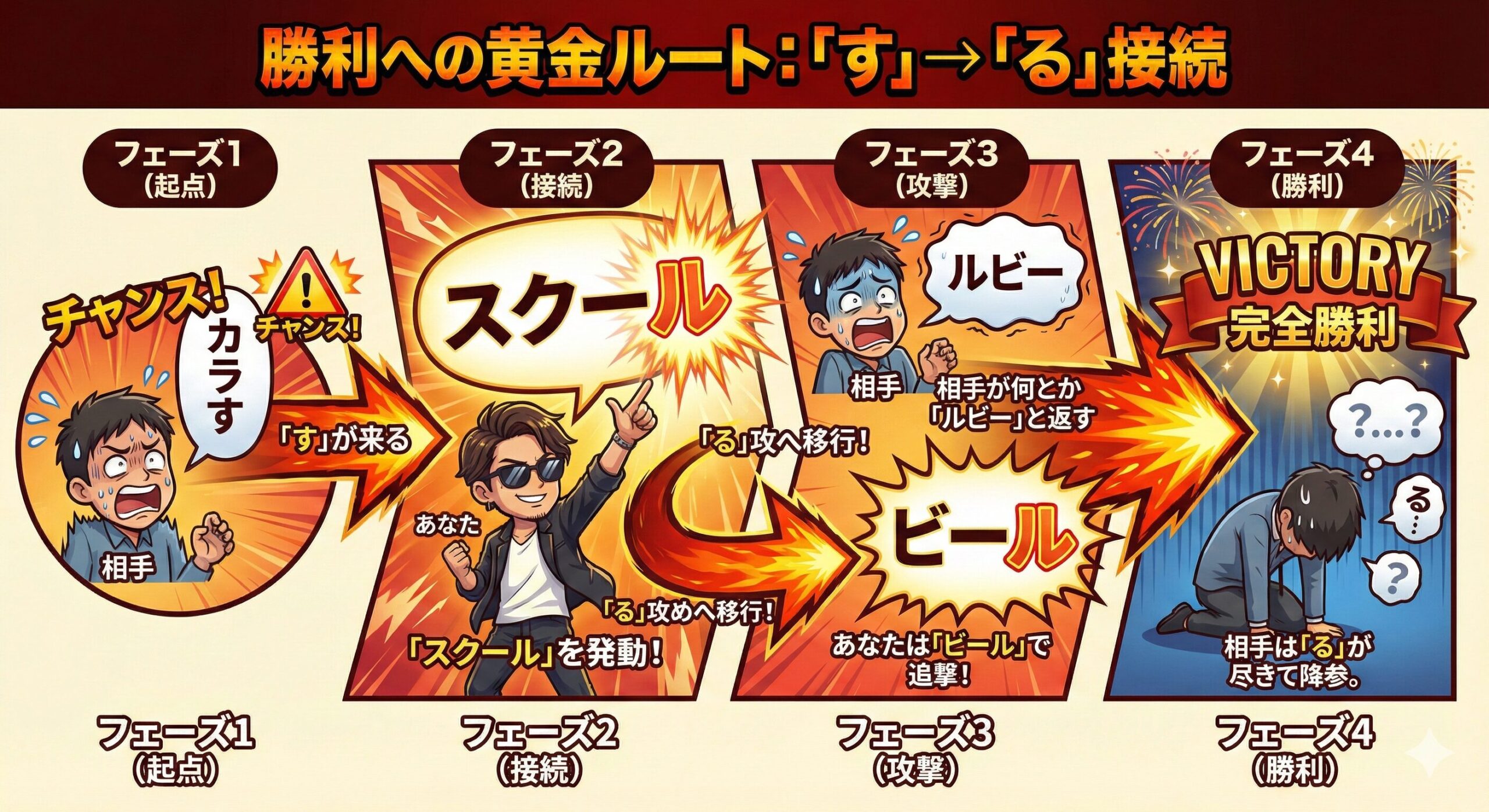 しりとりで「す」から始まる言葉「スクール」を使い、そこから「る」で終わる言葉の応酬（る攻め）に持ち込んで勝利するまでのフロー図。