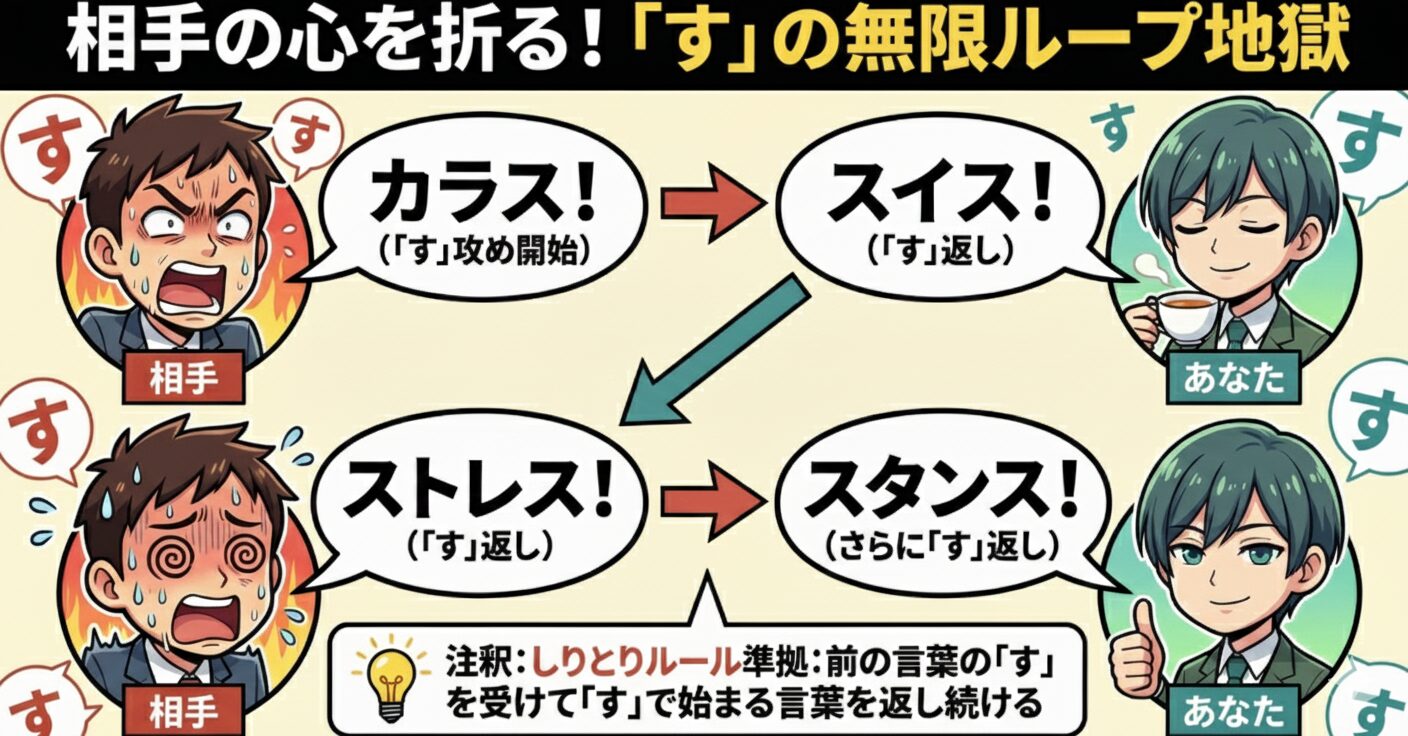 しりとりで相手の「す」攻めに対して、「ストレス」「スタンス」など「す」で終わる言葉を返し続け、相手を困らせているイラスト。