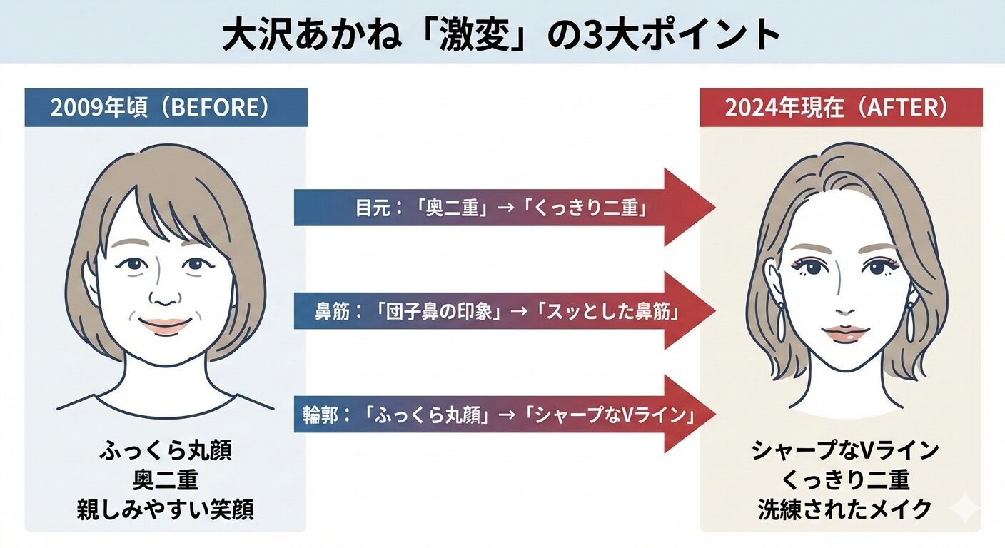 大沢あかねの2009年と2024年の顔の変化を比較したイラスト。目、鼻、輪郭の違いを強調。