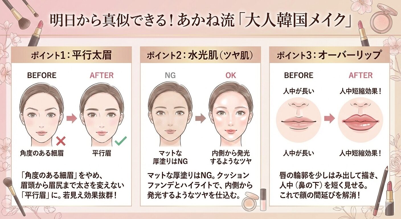 大沢あかね風メイクのポイント解説。平行太眉、水光肌、オーバーリップの具体的な描き方。