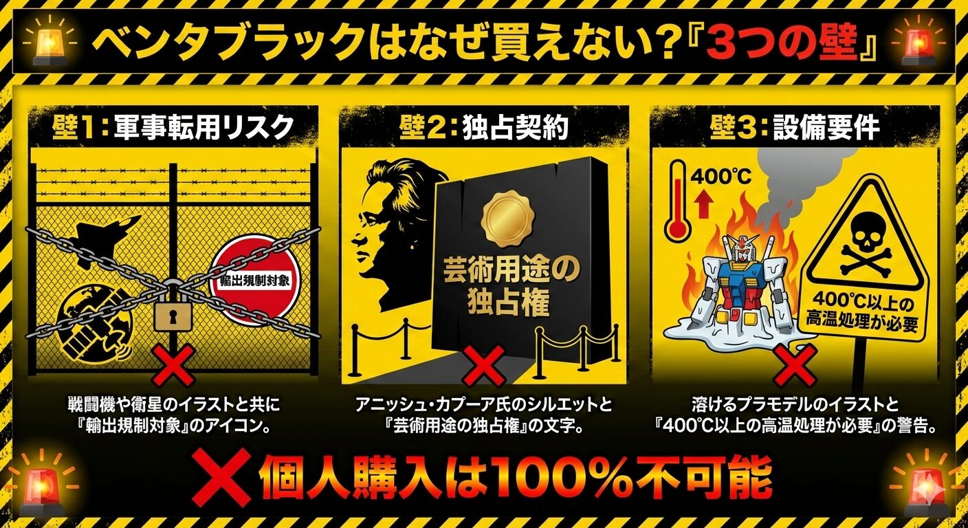 ベンタブラックが個人で購入できない3つの理由（輸出規制、独占契約、高温処理）を示した図解。