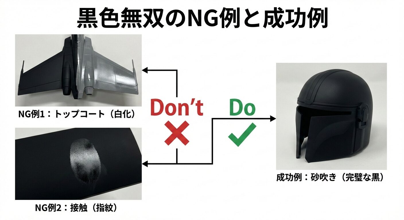 黒色無双の失敗例。トップコートを吹いて白化した状態と、指紋がついた状態の比較写真。