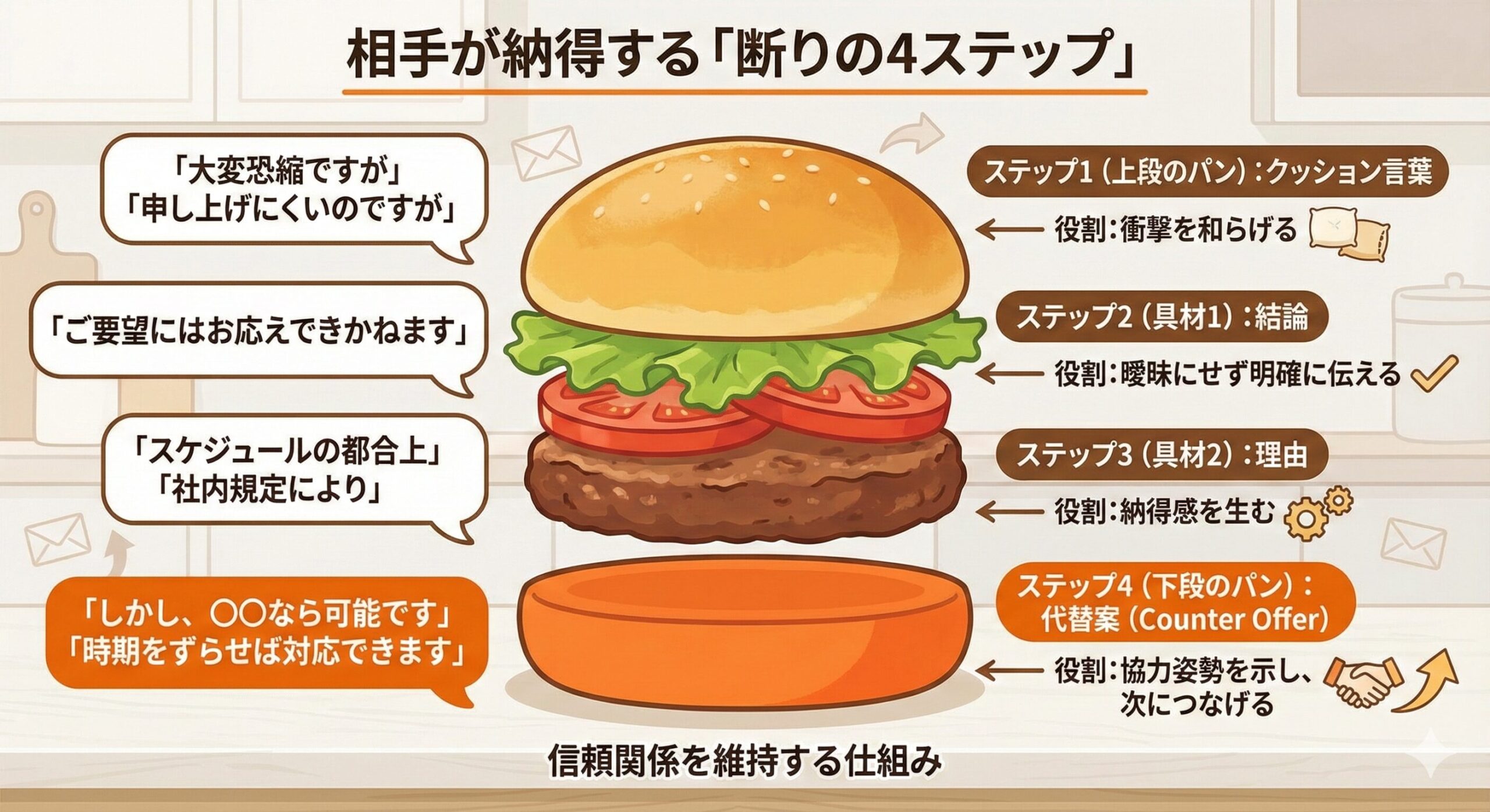 断りのメール構成図。クッション言葉、結論、理由、代替案の4層構造で信頼関係を維持する仕組み。