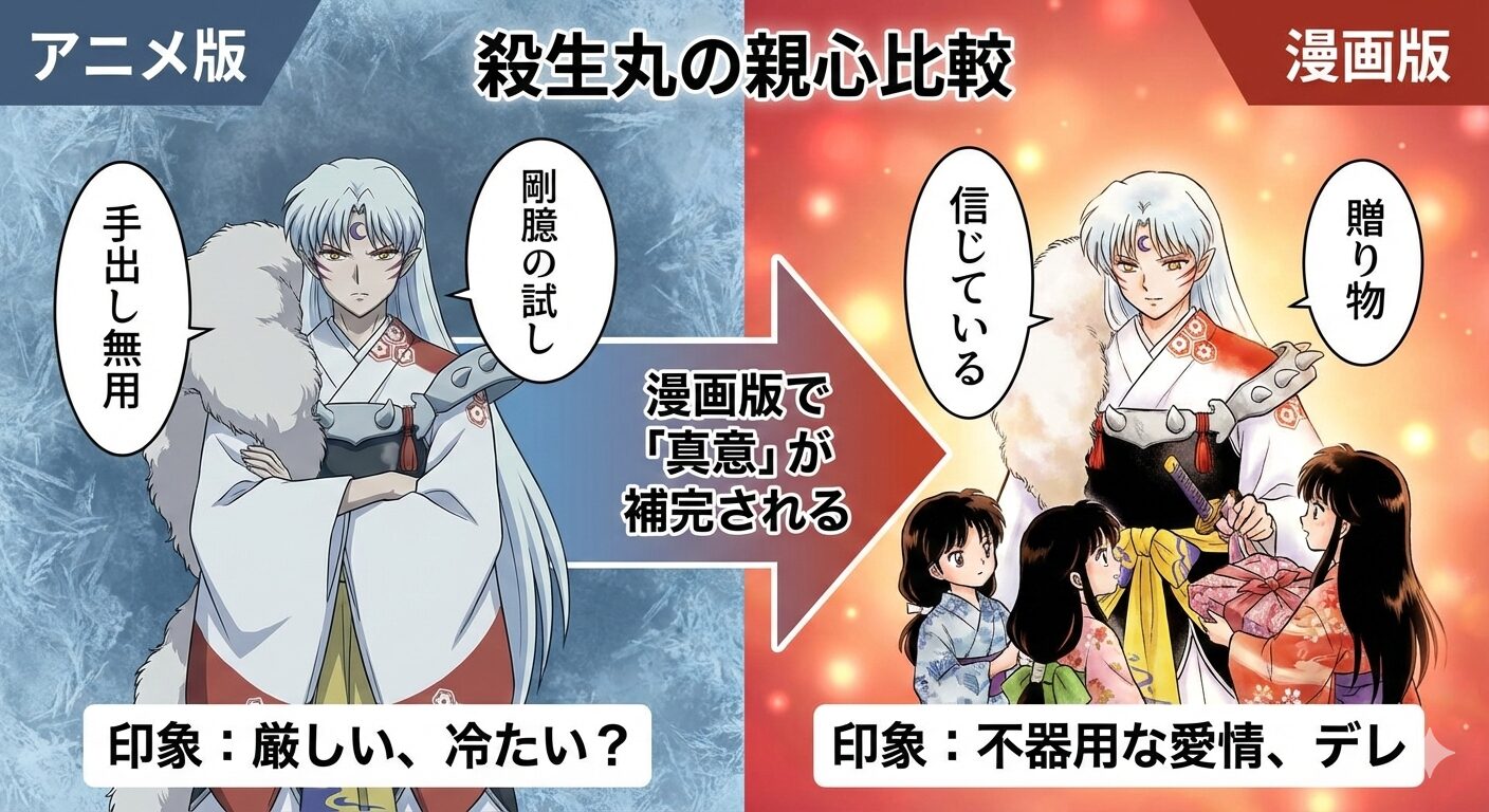 殺生丸の行動比較。アニメ版の厳しさと漫画版の着物プレゼントによる愛情表現の対比図。