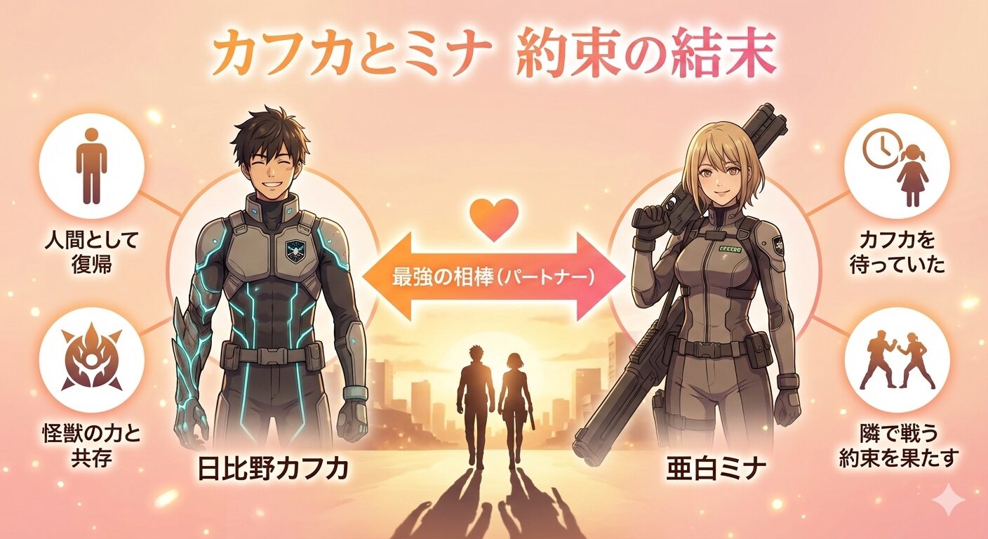 最終回における日比野カフカと亜白ミナの関係相関図。幼馴染の約束を果たし、対等なパートナーとして並び立っている様子を図解。