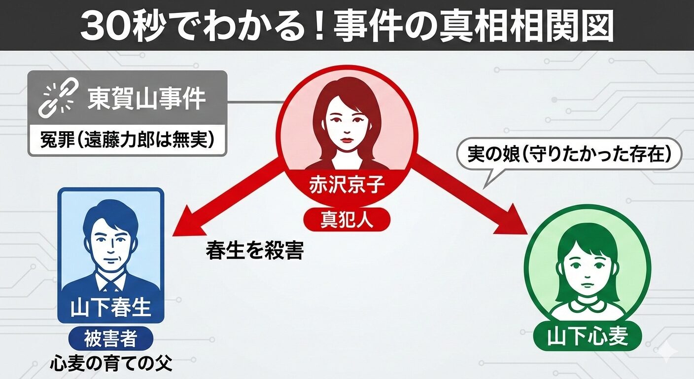 クジャクのダンス人物相関図。赤沢京子が真犯人で山下春生を殺害し、山下心麦を守ろうとした関係性を示す図。
