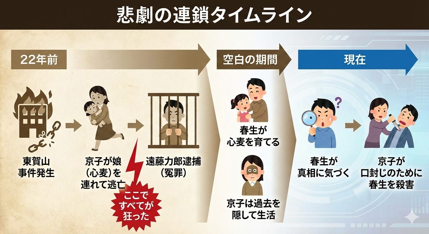東賀山事件から春生殺害事件までの22年間の時系列年表。
