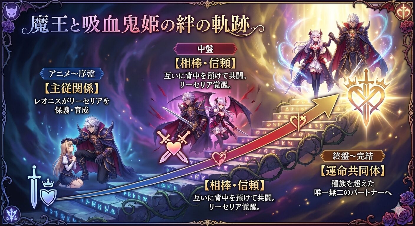 レオニスとリーセリアの関係性が、主従関係から信頼し合う相棒、そして運命共同体へと進化していく過程を示した図。