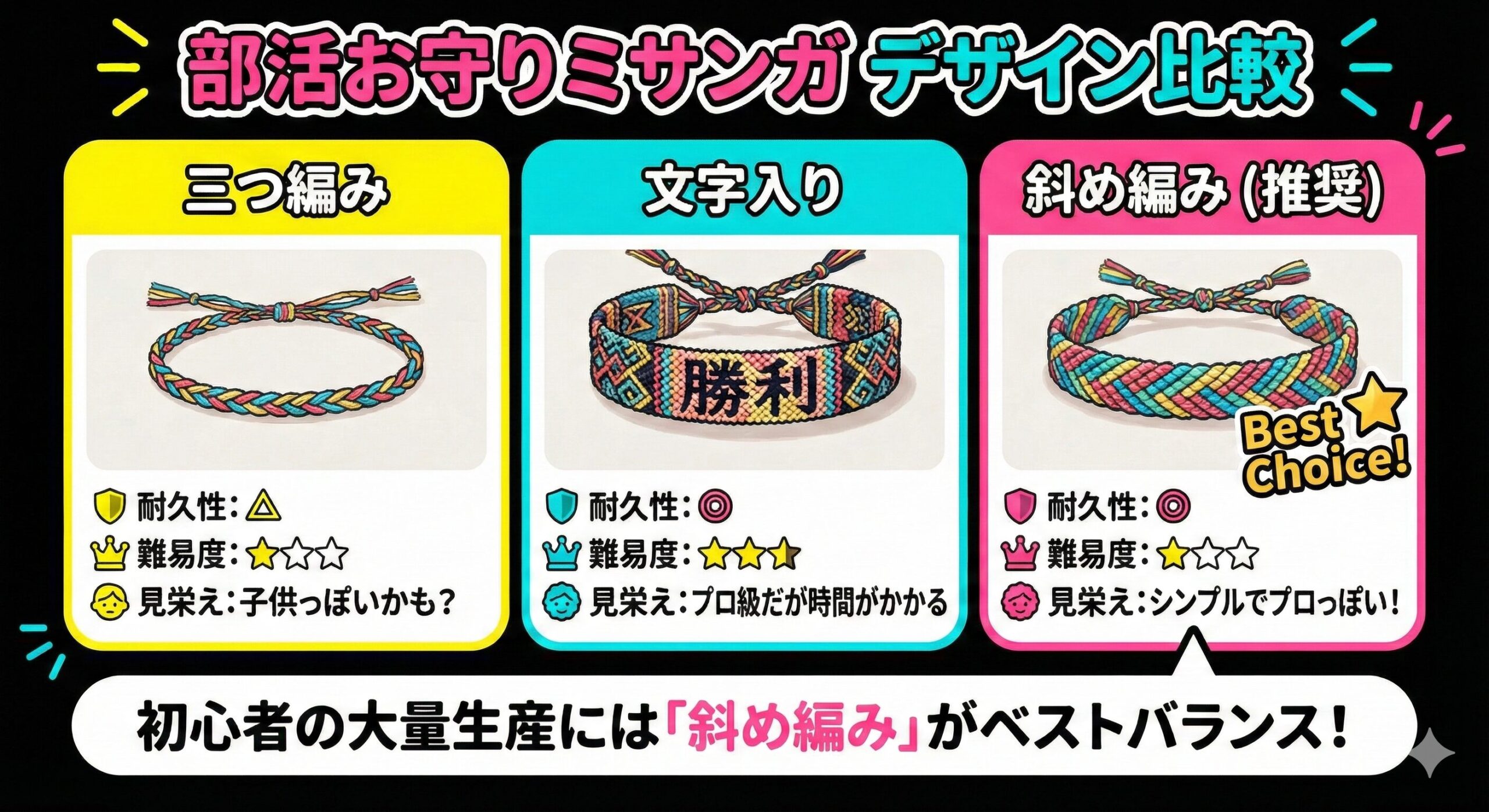 ミサンガの三つ編み、文字入り、斜め編みの完成品比較図。斜め編みが耐久性と作りやすさのバランスで最も優れていることを示している。