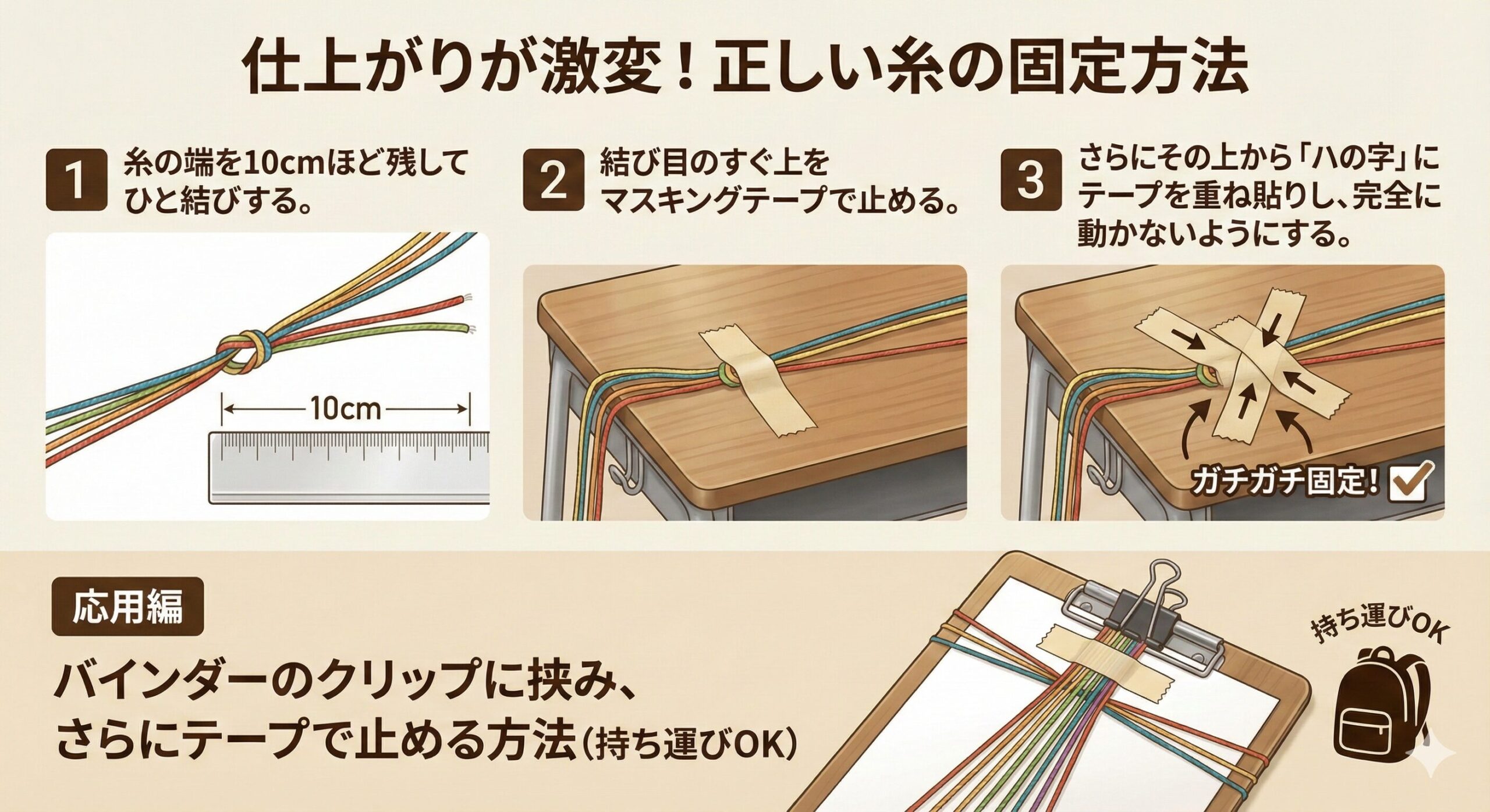 ミサンガの糸を机にマスキングテープで強固に固定している様子と、バインダーを使用した固定方法の図解。