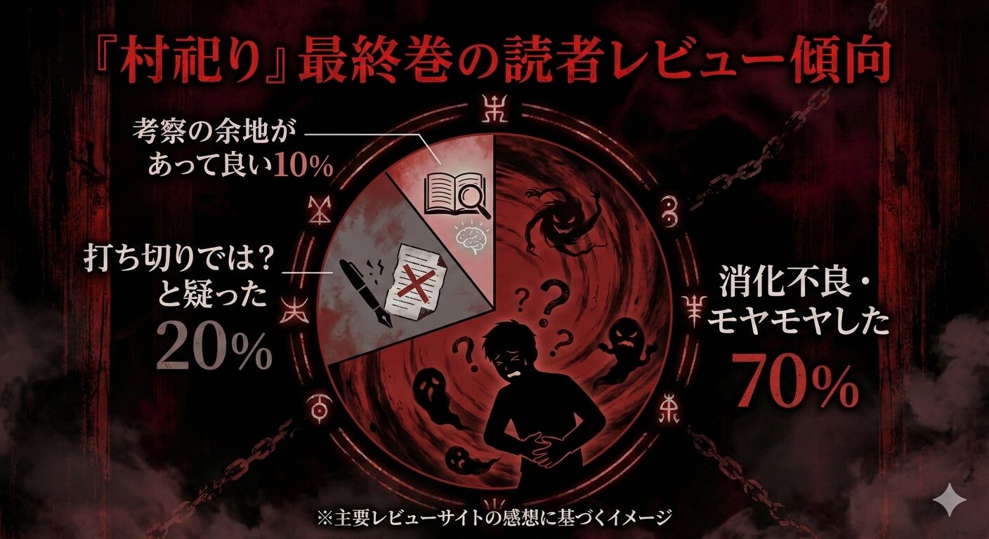 村祀り最終巻の読者評価グラフ。7割以上が消化不良を感じていることを示す円グラフ。