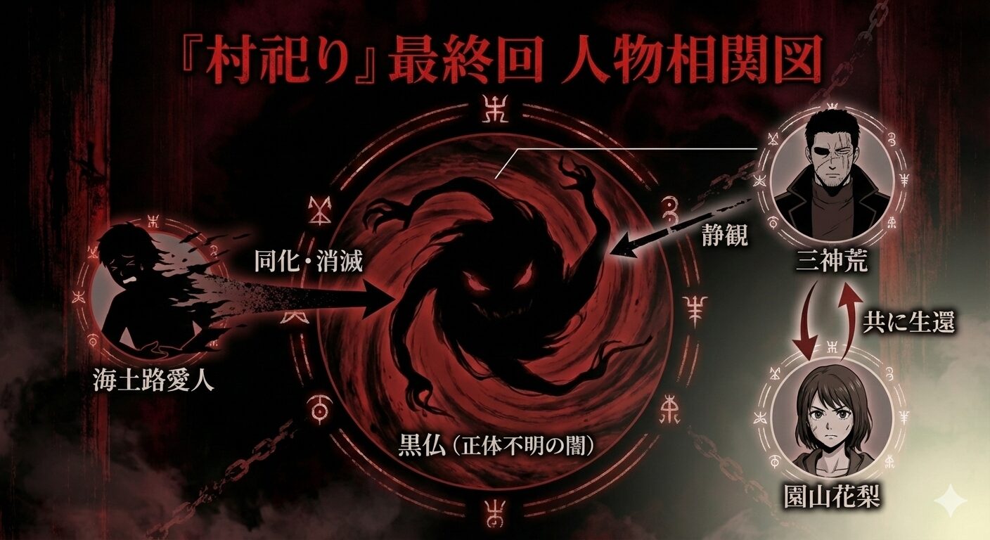 村祀り最終回の人物相関図。愛人が黒仏と同化し、三神と花梨が生還した関係性を示す図。
