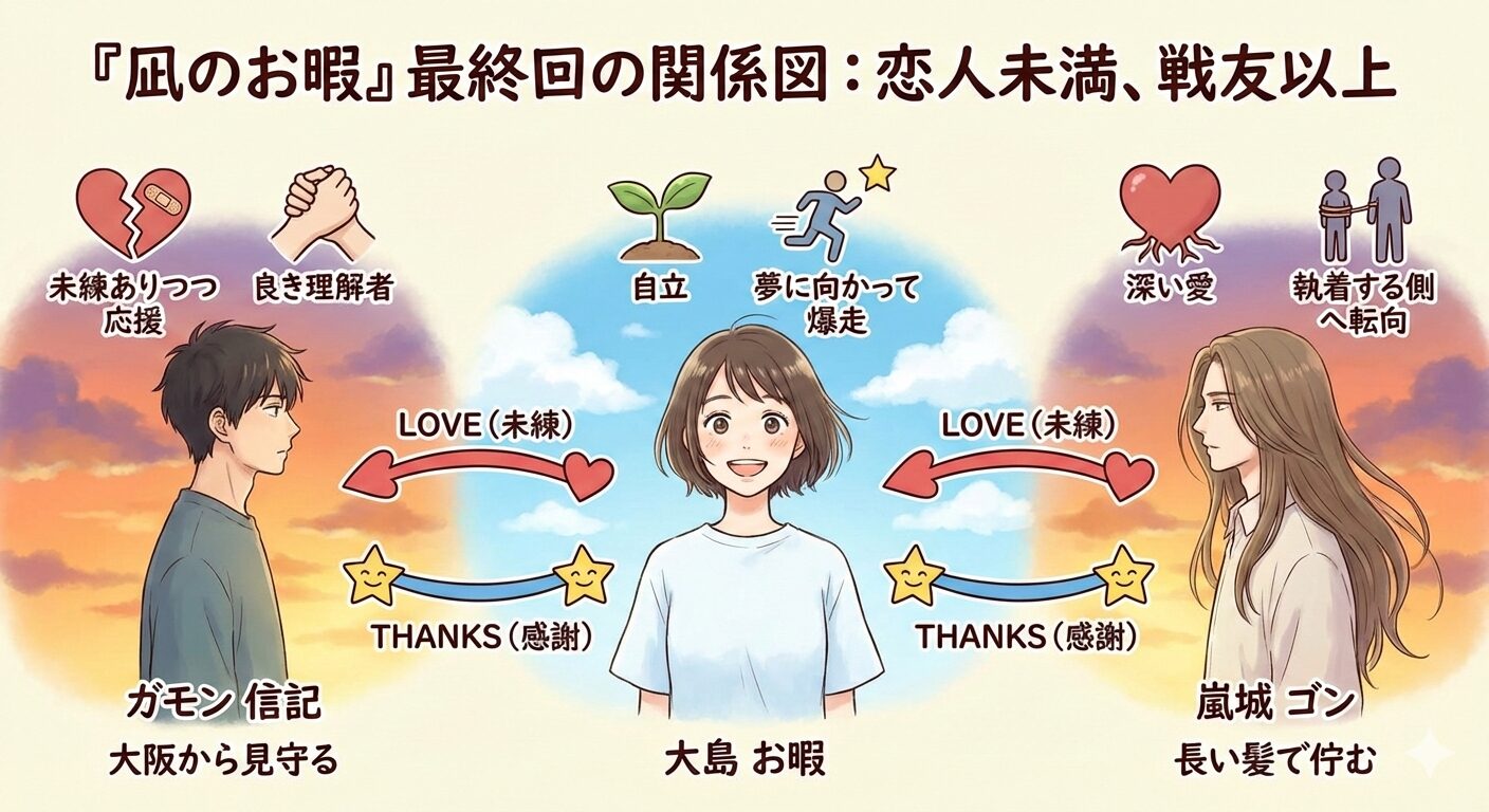凪のお暇最終回相関図。中央の大島凪に対し、我聞慎二と安良城ゴンが遠くから未練と応援の眼差しを向けている構図。