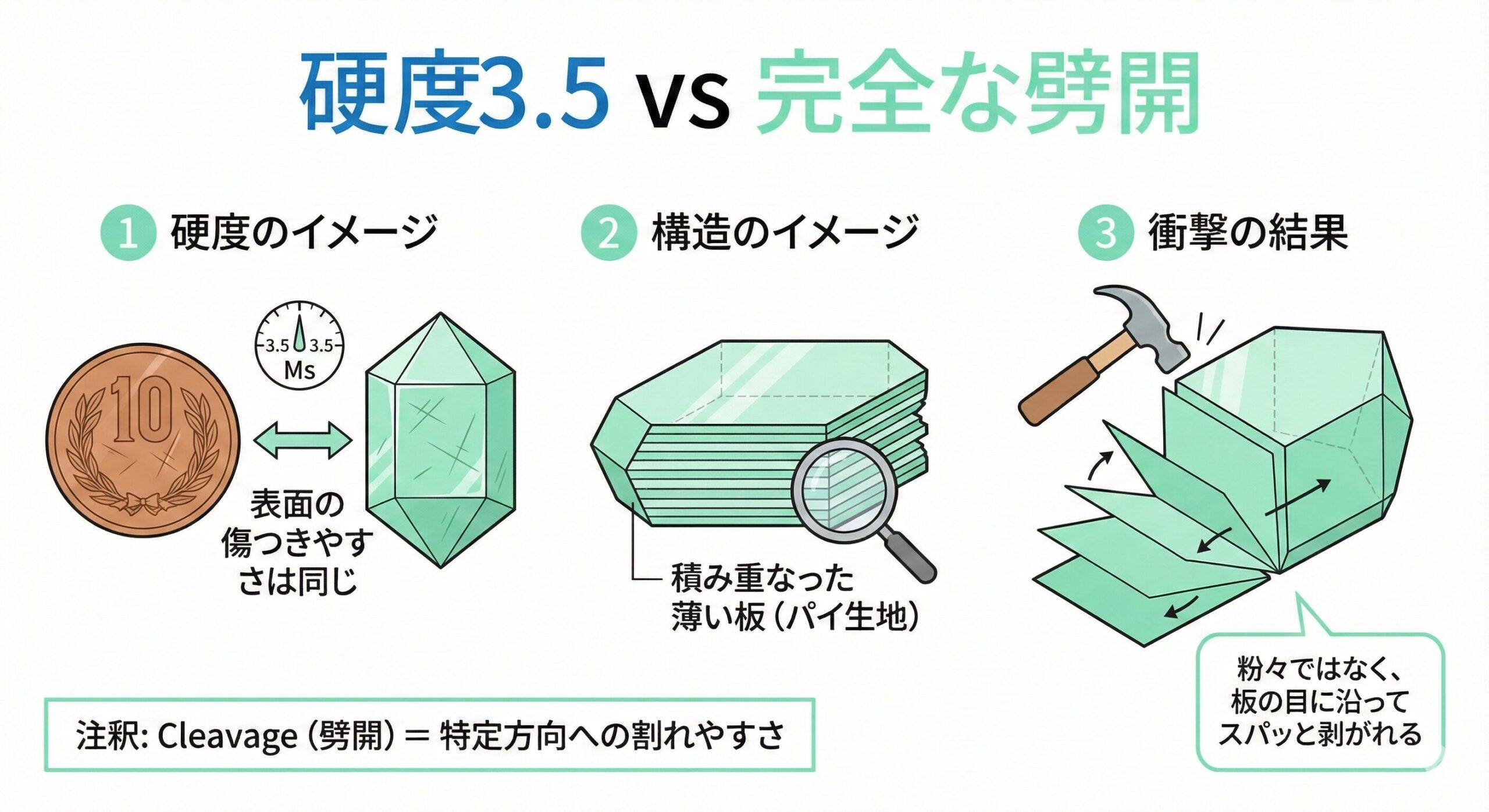 フォスフォフィライトの結晶構造と劈開の仕組みを図解。層状に重なった構造が衝撃によって剥がれる様子を示している。