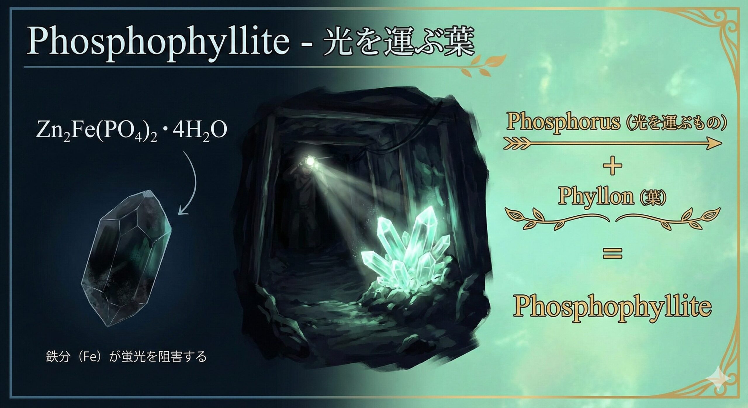 フォスフォフィライトの名前の由来であるギリシャ語の解説と、鉄分により蛍光しない科学的性質の対比図。