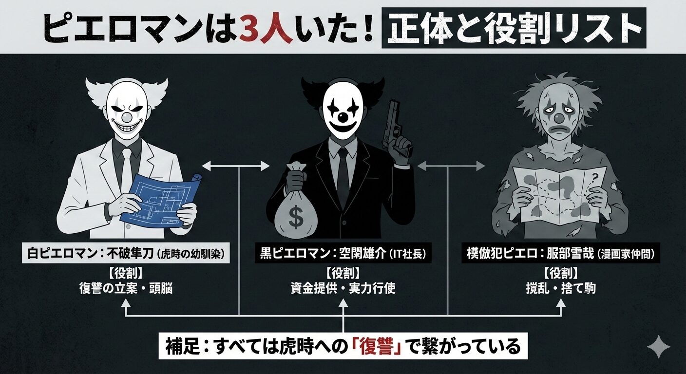 漫画『ピエロマン』の犯人である3人のキャラクター（不破隼刀、空閑雄介、服部雪哉）とそれぞれの役割を示した図解。