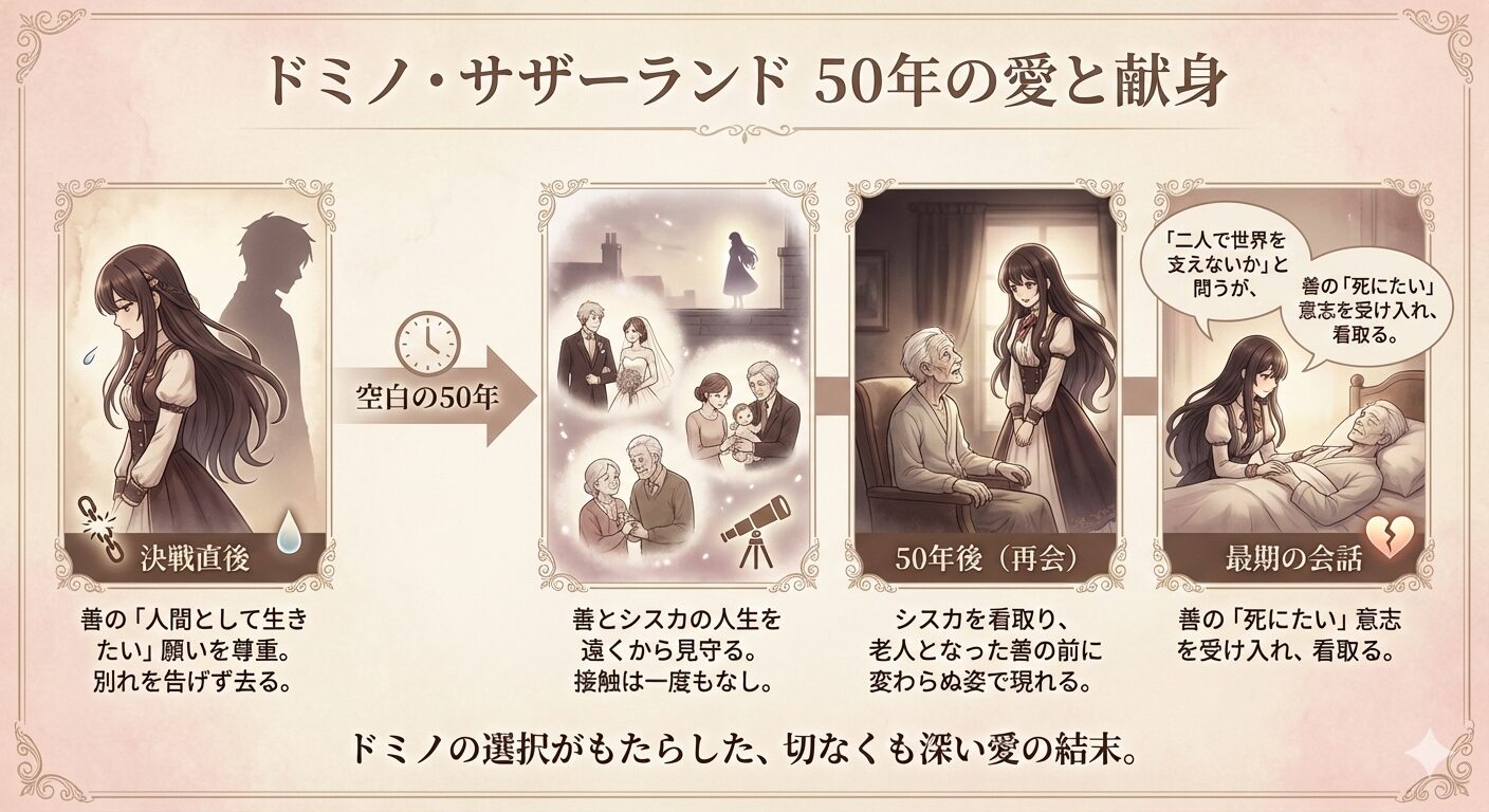 ドミノ・サザーランドが佐神善を見守り続けた50年間のタイムライン。決戦後の別離から、善の死に際での再会まで。