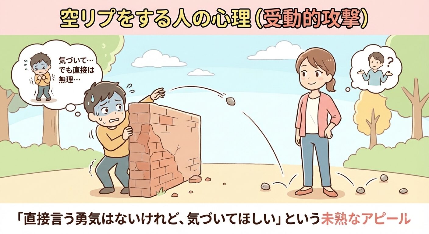 壁の陰からこっそりと小石を投げる人物のイラスト。空リプが、直接対決を避ける「受動的攻撃行動」であることを表現している。