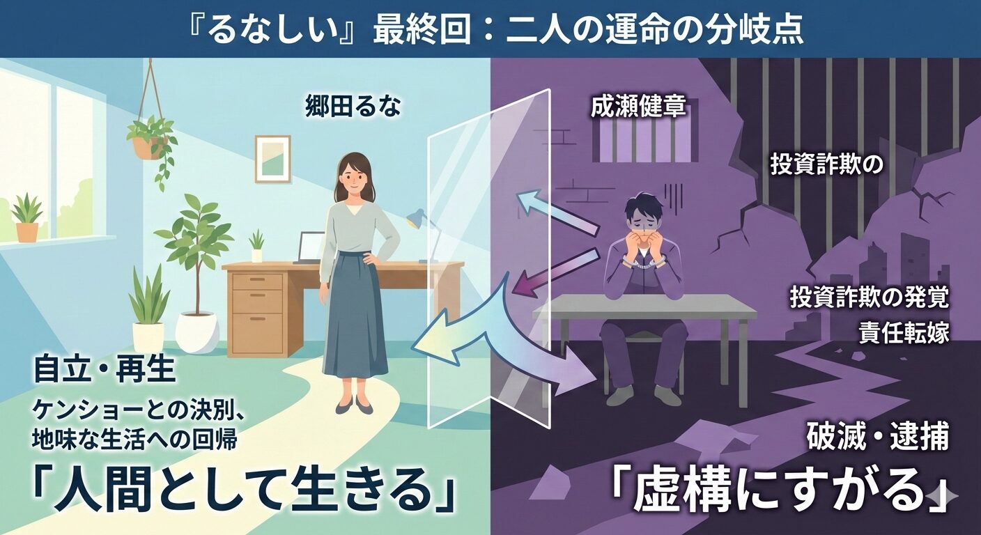 『るなしい』最終回におけるケンショーの逮捕とるなの自立を示した相関図。