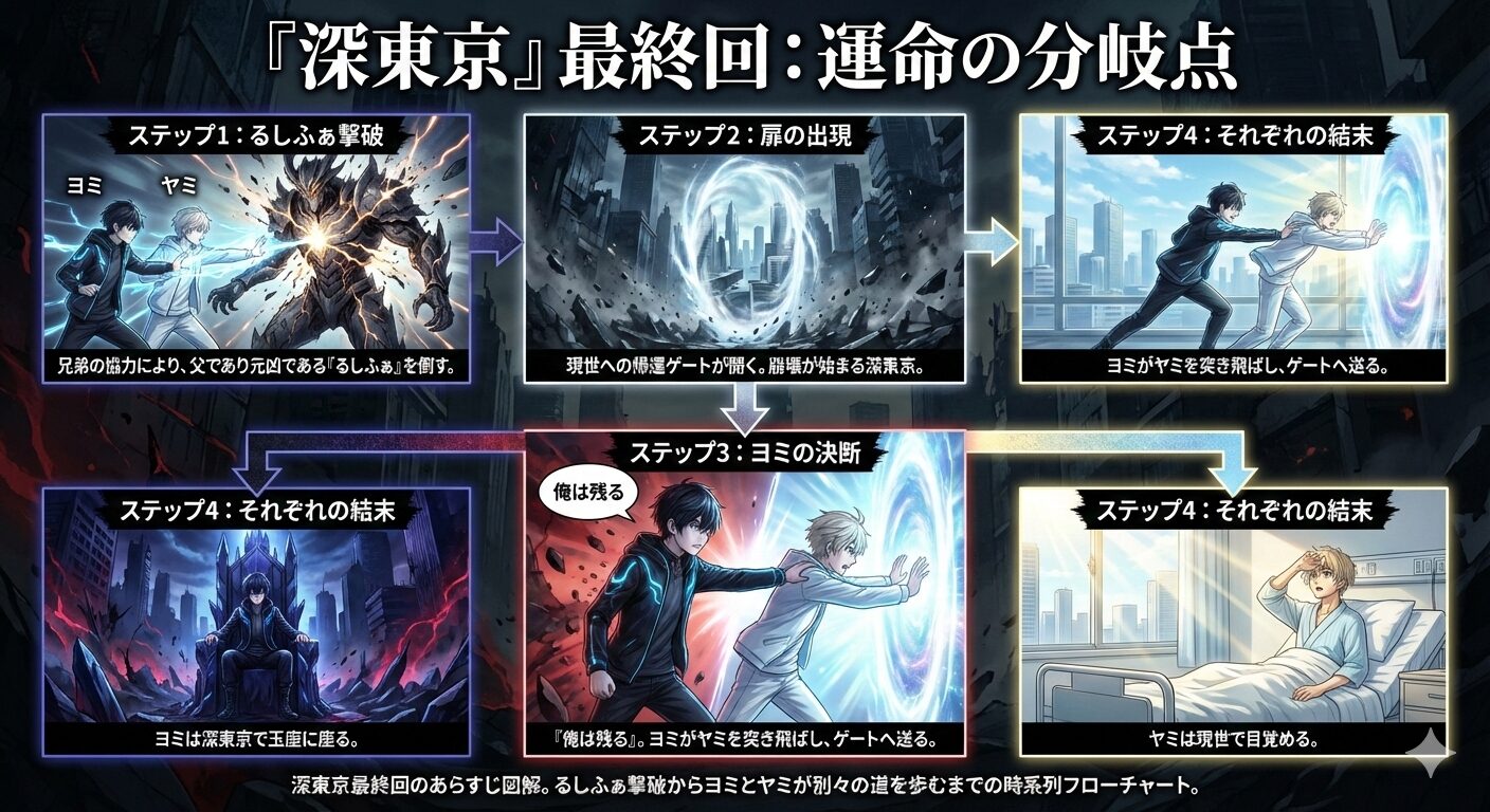 深東京最終回のあらすじ図解。るしふぁ撃破からヨミとヤミが別々の道を歩むまでの時系列フローチャート。