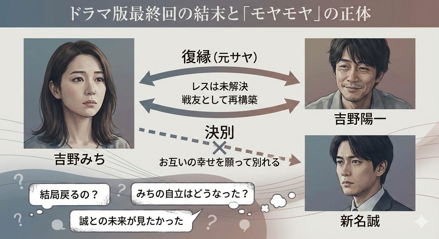 ドラマ版『あなたがしてくれなくても』最終回の相関図。みちと陽一は復縁し、誠とは決別した結末に対し、視聴者が抱いた疑問点を図解。