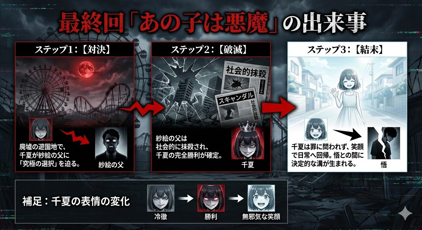 『私の胎の中の化け物』最終回のストーリー展開を示すフローチャート。対決から千夏の勝利までの流れ。