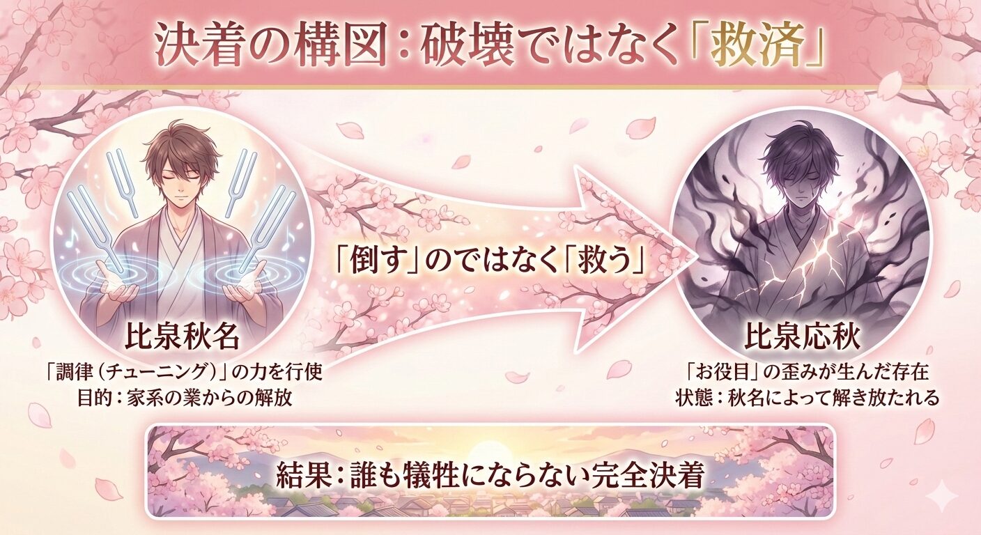 比泉秋名が比泉応秋をチューニング能力で救済し、家系の因縁を解消する関係図。