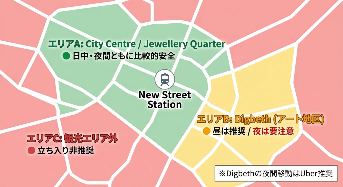 バーミンガム市内の治安マップ。中心部のCity CentreとJewellery Quarterは緑色（安全）、南東部のDigbethエリアは黄色（昼は推奨・夜は要注意）、それ以外の観光エリア外は赤色（立ち入り非推奨）で色分けされている。Digbethエリアと安全性の関係（条件付き安全）を視覚化し、夜間のUber利用を推奨している。