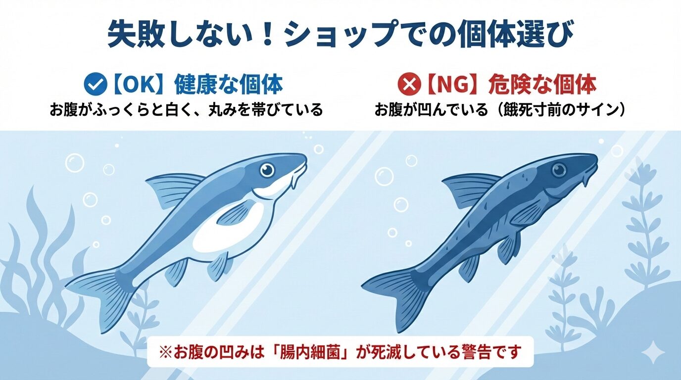 オトシンクルスの健康状態を比較した図解。左側は腸内細菌が活発で「お腹がふっくらした健康な個体」、右側は絶食により「お腹が凹んだ危険な個体」を示しています。この視覚的特徴は、生体の生存に不可欠な腸内細菌の有無(原因と結果の関係)を反映しています。