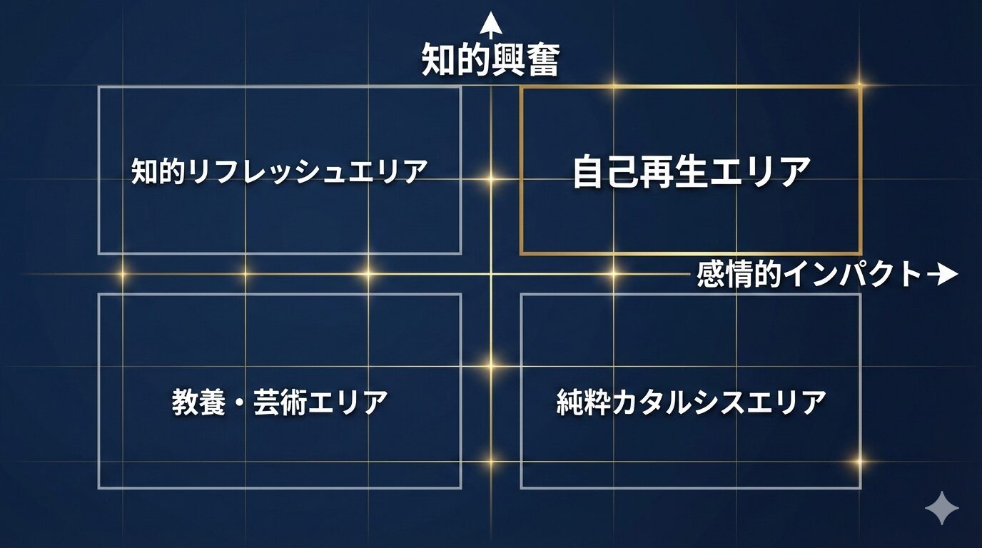 縦軸に「知的興奮(ロジック・世界観)」、横軸に「感情的インパクト(共感・カタルシス)」を配したアニメ視聴投資マトリックス。MyAnimeListの統計的評価と文化庁メディア芸術祭の芸術的評価という2つのエンティティの関係性を可視化し、読者の精神状態に最適な作品選定を支援する論理構造図。