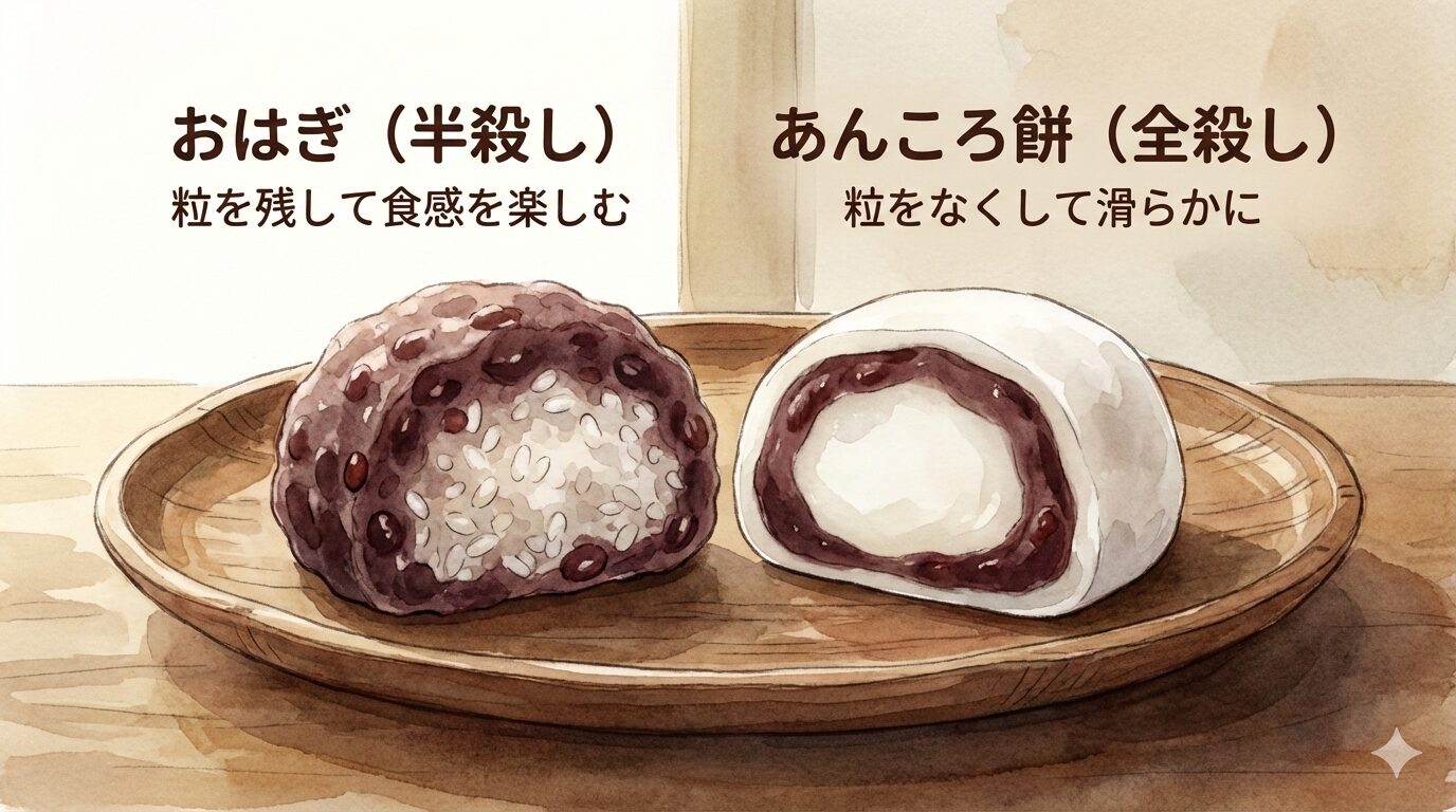 おはぎ(半殺し・粒あり)とあんころ餅(全殺し・粒なし)の断面比較イラスト。餅のつき具合(エンティティ間の構造的差異)によって、お米の粒が残っているかどうかの違いを視覚的に解説しています。