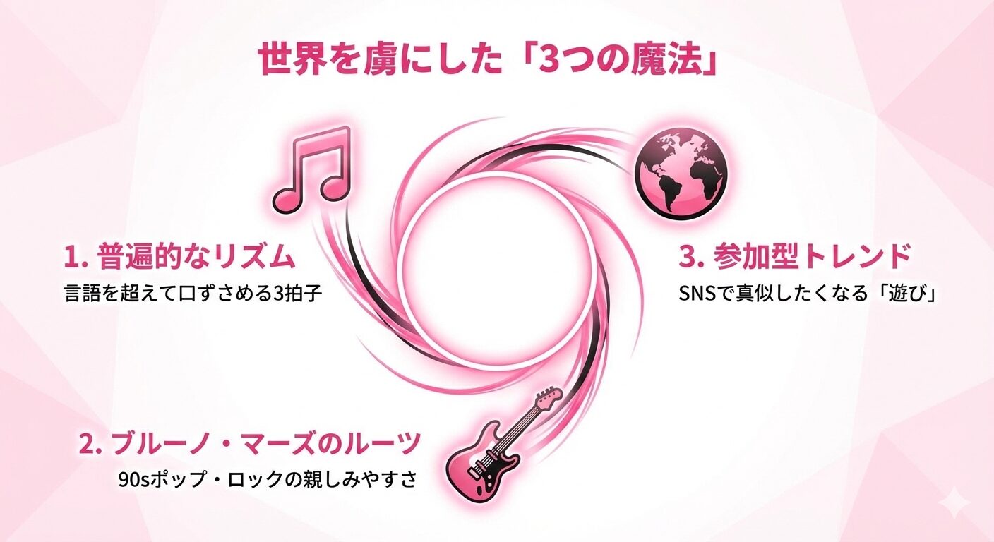 **「ROSÉ」と「ブルーノ・マーズ」のコラボレーションによる楽曲「APT.」(エンティティ)が世界的にヒットした要因を分析した図解。「90年代ポップ・ロック」(エンティティ)という音楽的ルーツが、グローバルなヒットの原因(関係性)**となっていることを視覚化。