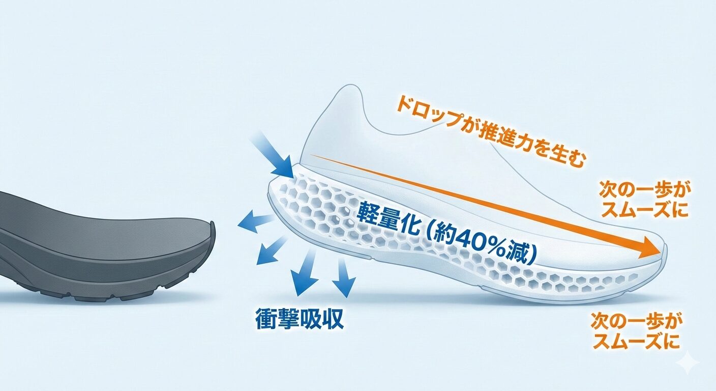 従来のラバーソールと最新EVAソールの比較図。EVAソールの軽量性と衝撃吸収性が「原因」となり、歩行時の「疲労軽減（結果）」をもたらす論理的関係を視覚化したインフォグラフィック。