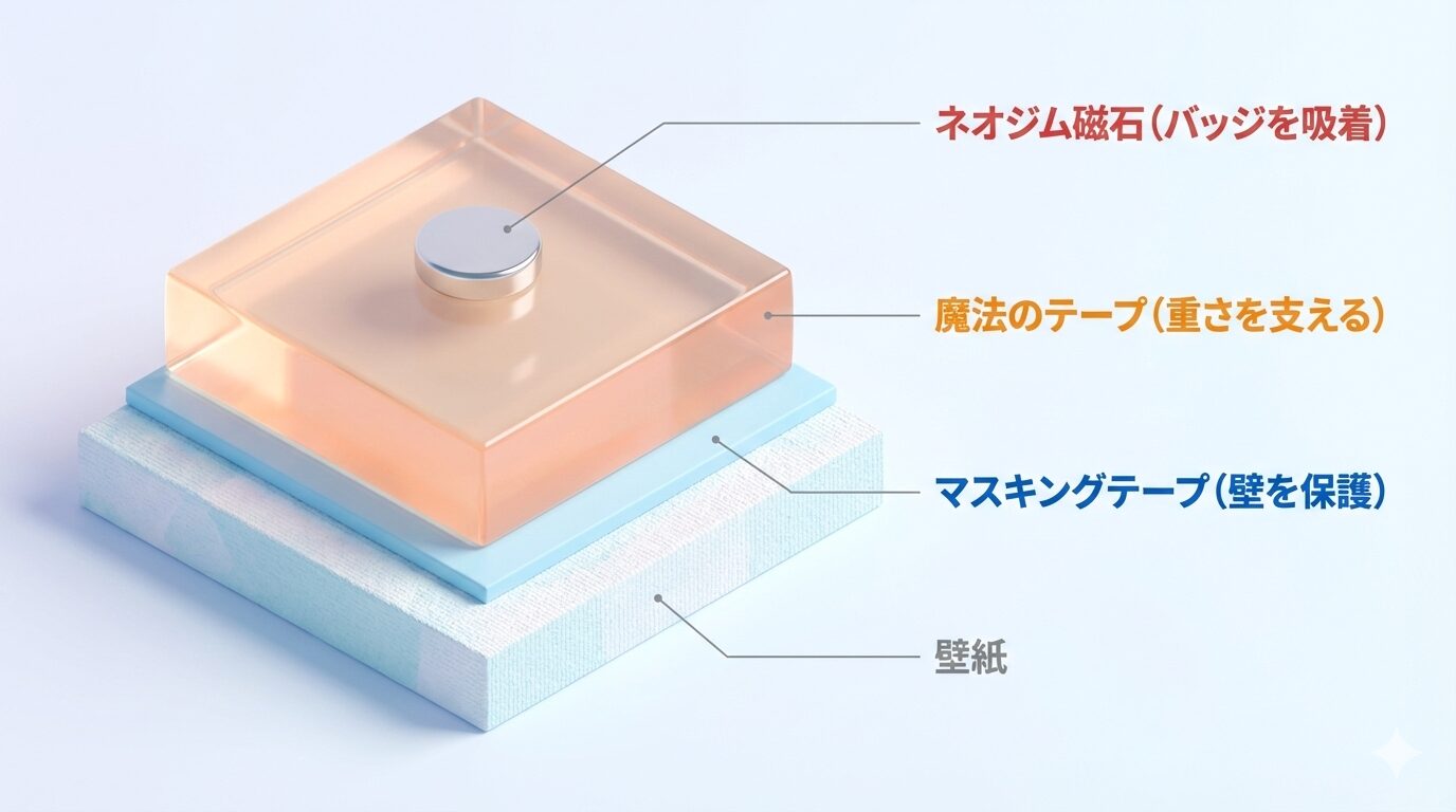 賃貸の壁を無傷に保つための積層固定術の断面図。壁紙を保護する「マスキングテープ」と、300gの重量を支える「魔法のテープ（ゲルテープ）」、そしてバッジを保持する「ネオジム磁石」の論理的な重なり（原因と結果の関係）を説明しています。