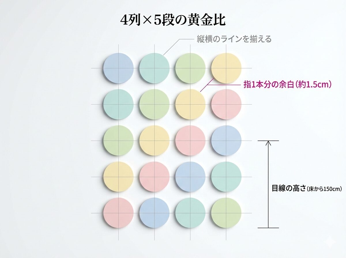 20個の缶バッジを美しく見せるための4×5グリッドレイアウト図。インテリアの黄金比に基づき、規則的な整列と適切な余白（エンティティ間の審美的な関係性）が、大量のグッズを「洗練されたギャラリー」に変える論理構造を示しています。