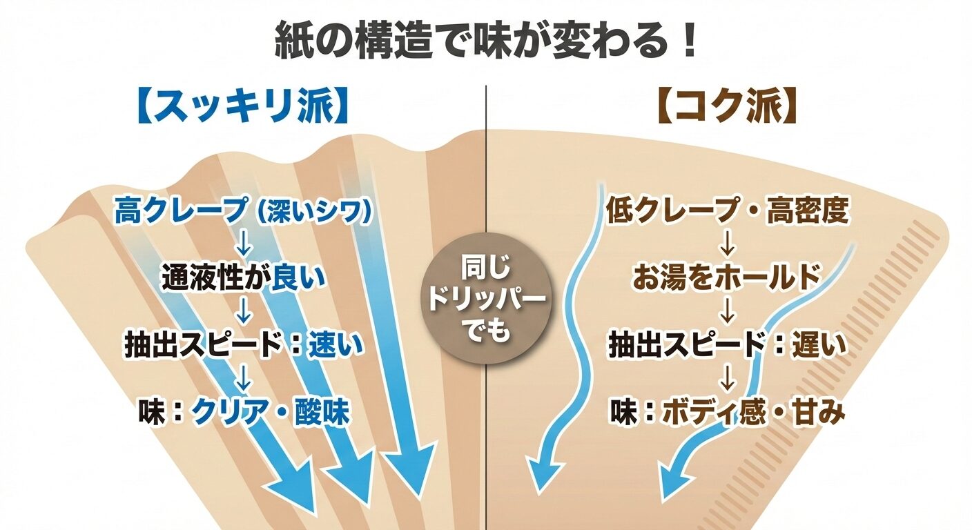 コーヒーフィルターの断面図解。左側はクレープが高く抽出が速い（スッキリ）、右側はクレープが低く抽出が遅い（コク）様子を示している。
