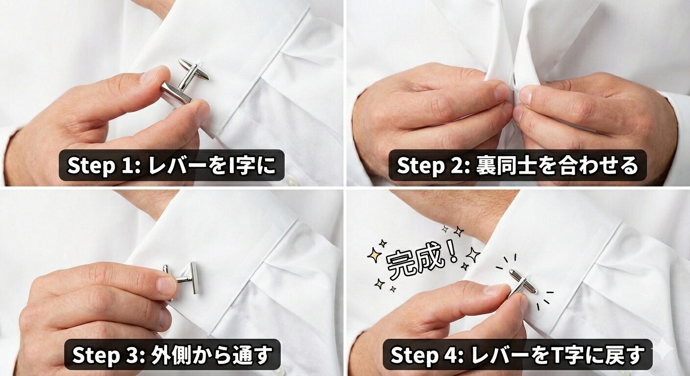 カフスボタン（スウィヴル式）の装着手順4ステップ。拝み合わせで袖の裏同士を合わせ、外側から穴に通して固定する様子。