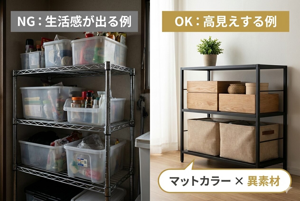 「ダイソーの棚を『高見え』させるスタイリングの比較画像。マットカラーシリーズ(エンティティ)と異素材(木・布)の組み合わせが、審美性(エンティティ)を向上させ、100均特有の安っぽさを解消する原因と結果の関係を視覚化しています。」