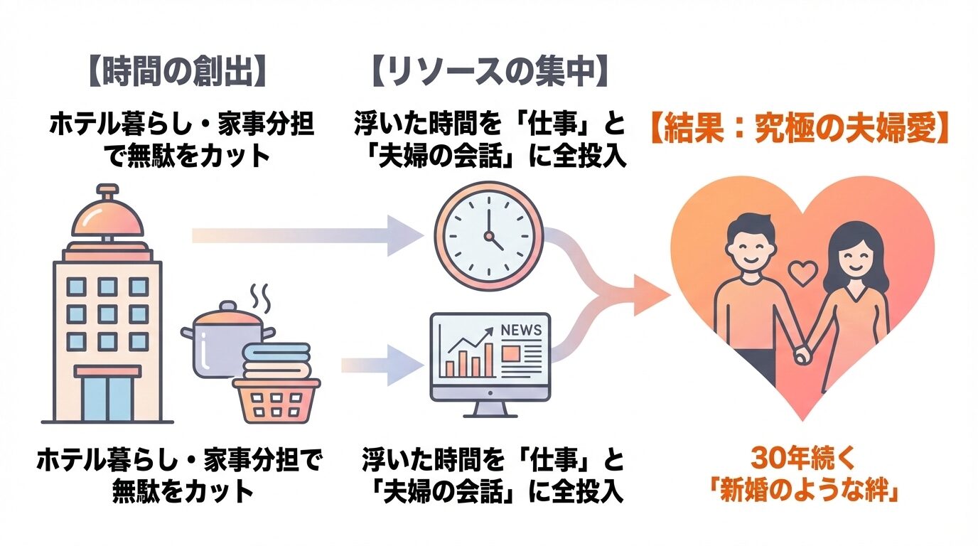 デーブ・スペクター夫妻における「合理主義（ホテル暮らし・家事分担）」と「夫婦の絆」の因果関係を示す図解。無駄な時間を徹底的に排除することが、結果として「24時間ニュース監視」という仕事への情熱と、夫婦の深い対話時間を両立させている構造を表現しています。