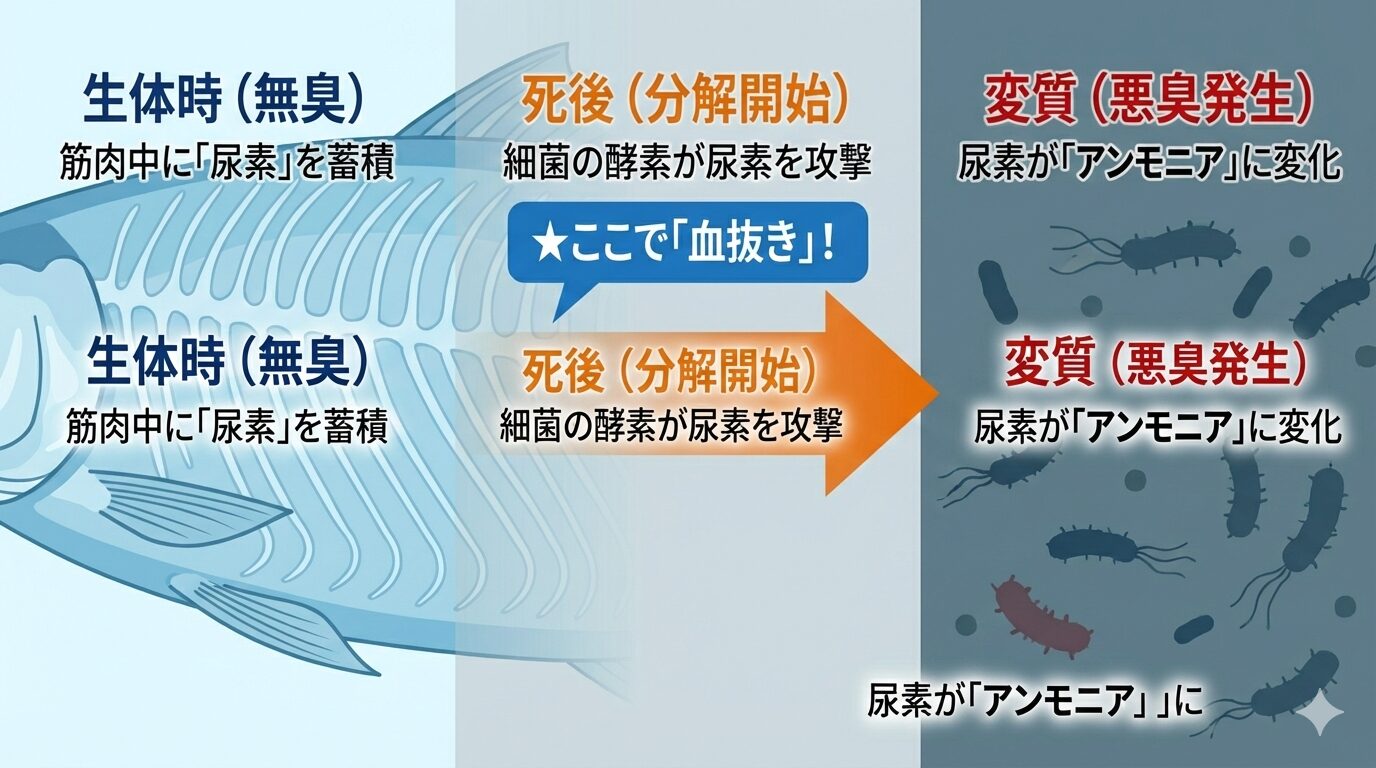 エイの体内にある無臭の「尿素」が、死後に細菌の酵素によって「アンモニア」へと分解される原因と結果のプロセス図。血抜きによって尿素を物理的に排出することが、アンモニア発生を阻止する最大の対策であることを示している。