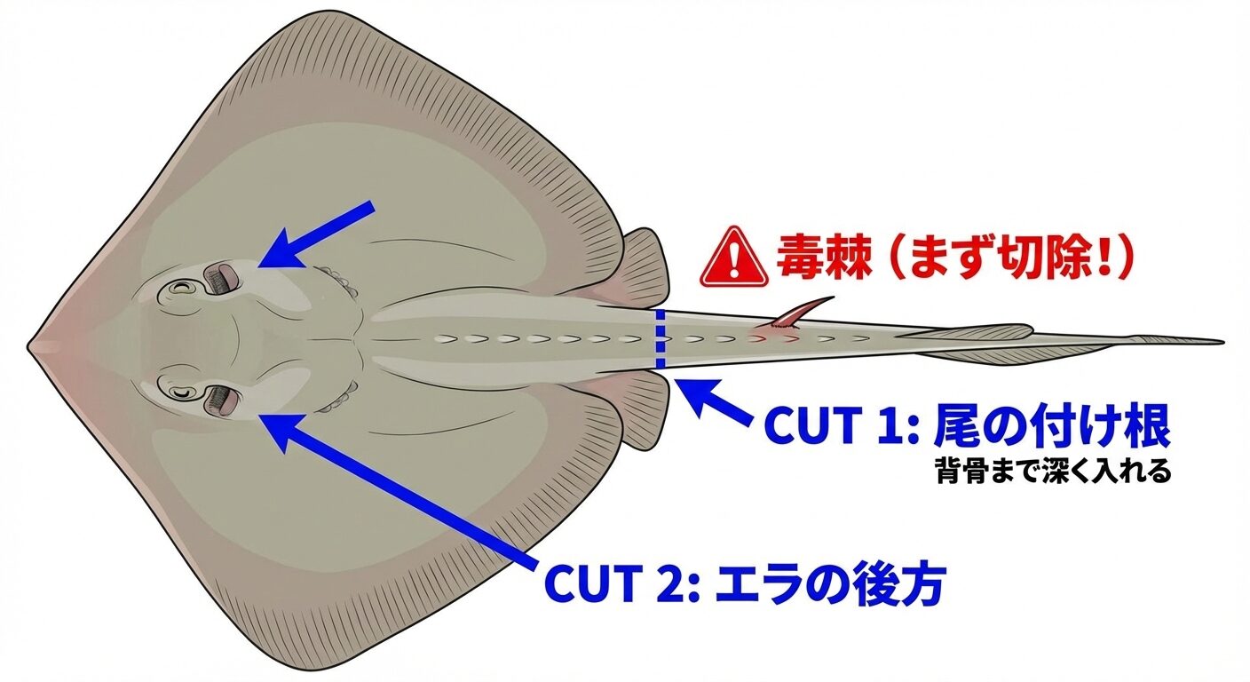 アカエイの血抜きポイントを示す解剖図。尾の付け根（背骨まで）とエラ付近の切断箇所を明示している。血抜きは血液中の尿素を物理的に減少させるための最重要工程であることを視覚的に解説している。
