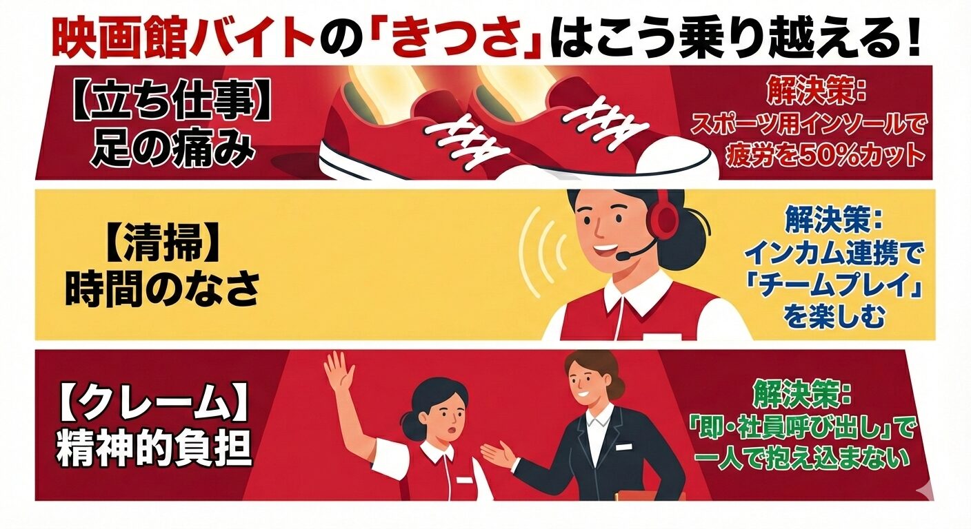 映画館バイトの3大苦労（立ち仕事、清掃、クレーム）とそれぞれの解決策（インソール、インカム連携、社員呼び出し）を図解した攻略マップ。立ち仕事の疲労はインソールで軽減し、業務のプレッシャーはチーム連携と管理職への報告（エスカレーション）によって解決できることを示している。