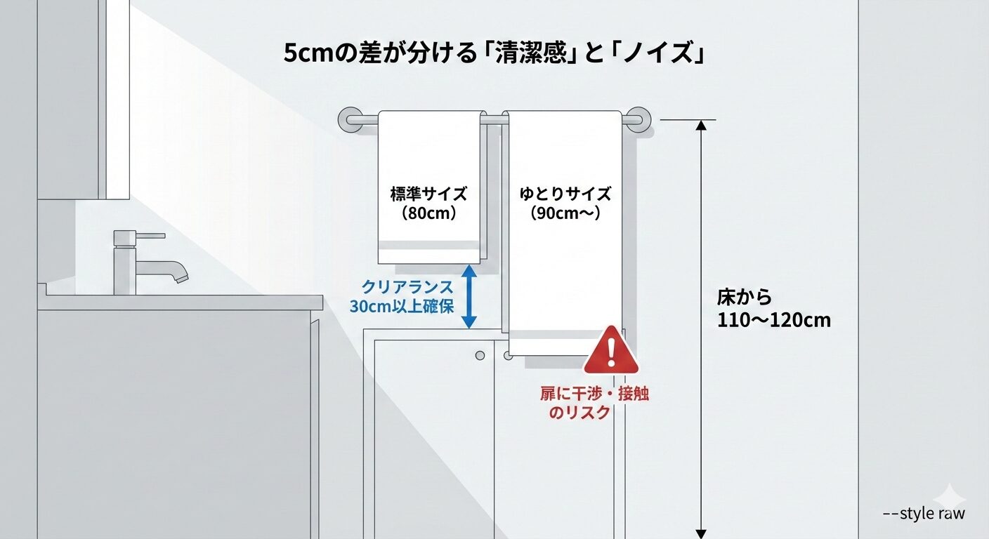 80cmなら裾が扉に干渉せず、30cm以上のクリアランスを確保できる様子を可視化