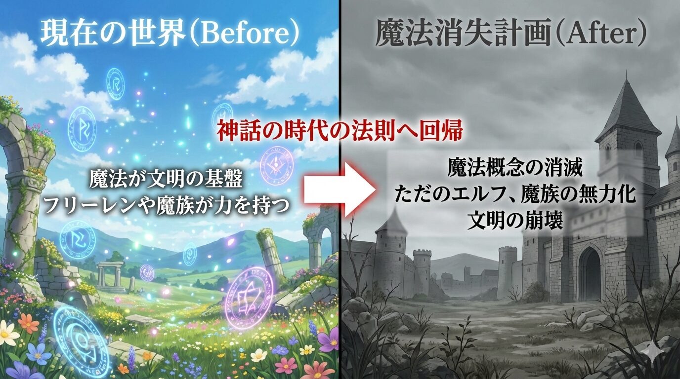 葬送のフリーレン第147話における魔法消失計画の図解。左側の「魔法が存在する現在の世界」から、右側の「魔法が消滅し法則が書き換わった世界」への変化を対比。レーヴェの計画がもたらす「魔法消失」と「世界の法則の回帰」というエンティティ間の因果関係を視覚化。