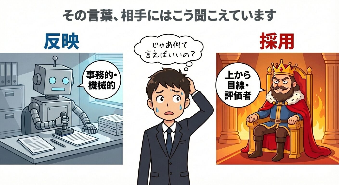 「反映」という言葉は事務的なロボットのように、「採用」という言葉は偉そうな王様のように相手に伝わってしまうことを示した対比図。「反映」は機械的、「採用」は上から目線というニュアンスのリスクを表現している。