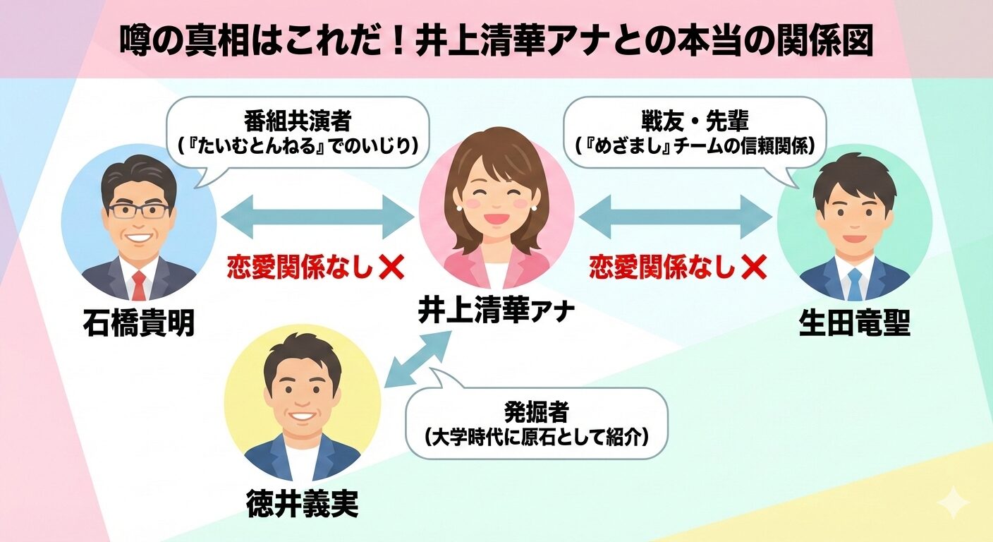 井上清華アナを中心とした人物相関図。石橋貴明とは「番組共演者」、徳井義実とは「発掘者」、生田竜聖とは「戦友・先輩」という関係性が示されており、すべての矢印に「恋愛関係なし」と明記されている。