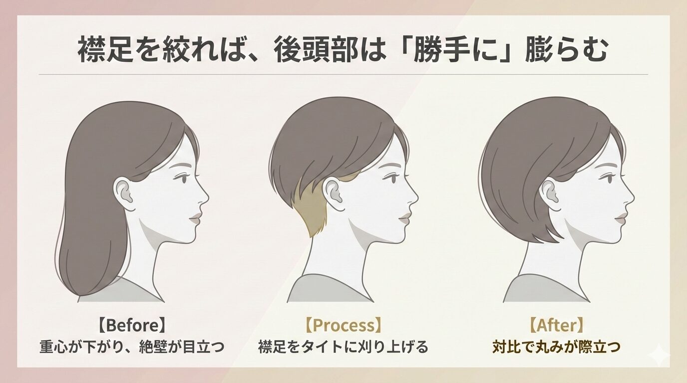 襟足のグラデーション刈り上げ（原因）と、後頭部のボリューム強調による絶壁解消（結果）という論理的関係を示す骨格補正メカニズムの図解。