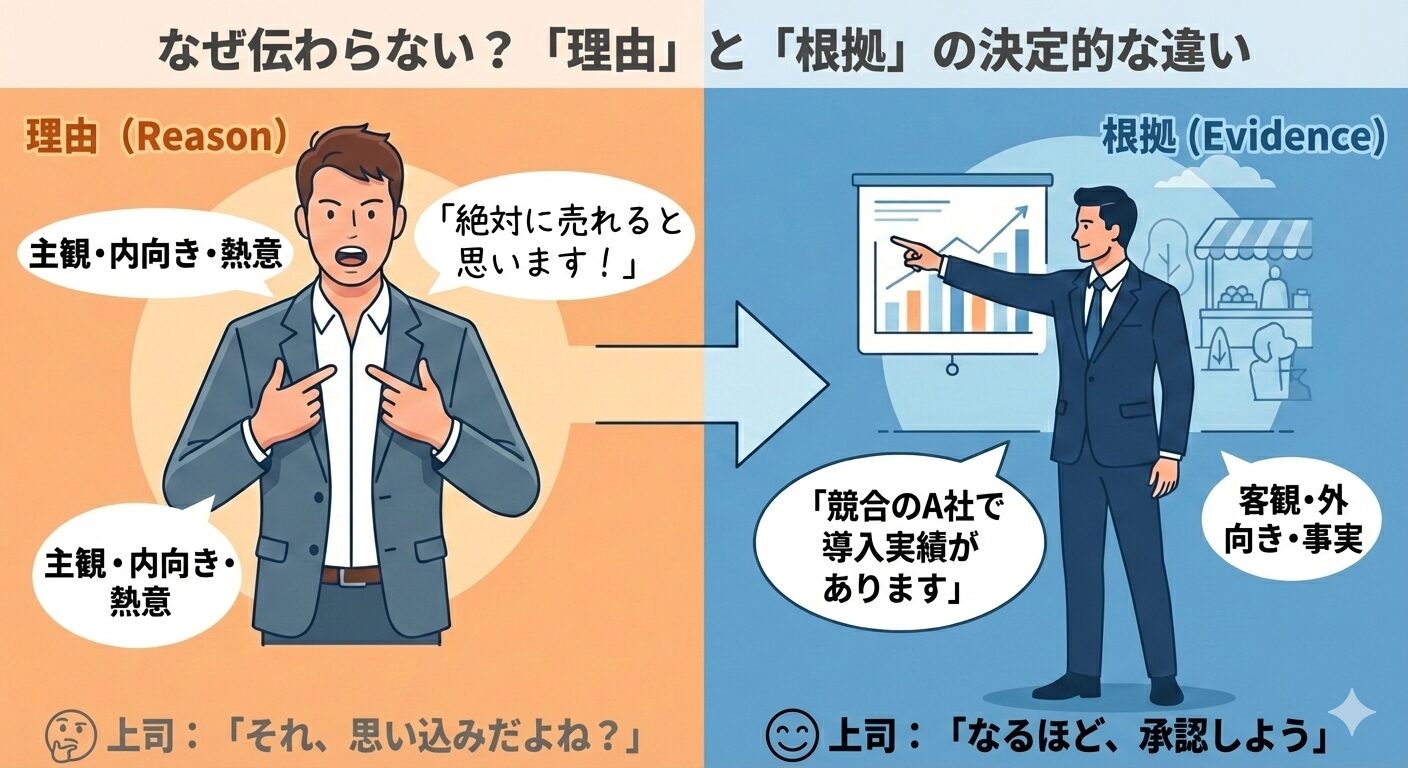 「理由」と「根拠」の違いを対比した図解。理由は「主観・内向き」であり承認されにくいが、根拠は「客観・外向き」であり承認されやすいという対比関係を示している。